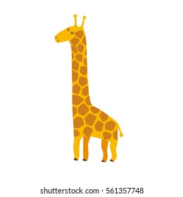 Colorful vector flat illustration of cute cartoon yellow and brown giraffe character standing. Side view. Isolated on white background.