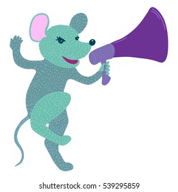 Colorful vector flat illustration of a detailed happy, active anthropomorphic furry mouse, jumping or dancing, with a purple loud speaker or megaphone. Isolated on white background