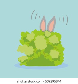 Colorful vector flat illustration of a gray hare or bunny hiding behind a green bush on light blue background, ears twitching. Unnoticed listening concept.