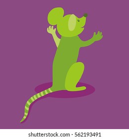 Colorful vector flat illustration of green anthropomorphic mouse character sitting with arms raised, back view. Speaking, admiring or surprised. Purple background with shadow.