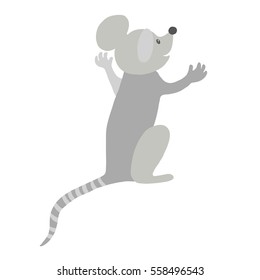 Colorful vector flat illustration of grey anthropomorphic mouse character sitting with arms raised, back view. Speaking, admiring or surprised. Isolated on white background.