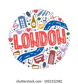 Colorful vector flat illustration of London. Round pattern with the main symbols of London, isolated elements. Can be used as a sticker