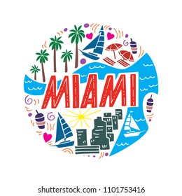 Colorful vector flat illustration of Miami. Round pattern with the main symbols of Miami, isolated elements. Can be used as a sticker,  prints for t-shirts and cups, cards, posters.