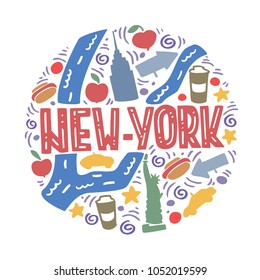 Colorful vector flat illustration of New York. Round pattern with the mail symbols of New York with isolated elements. Can be used as a sticker.
