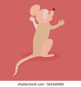 Colorful vector flat illustration of pink anthropomorphic mouse character sitting with arms raised, back view. Speaking, admiring or surprised. Red background with shadow.