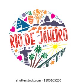 Colorful vector flat illustration of Rio de Janeiro. Round pattern with the main symbols of Rio de Janeiro, isolated elements. Can be used as a sticker, prints for t-shirts and cups, cards, posters.