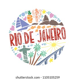 Colorful vector flat illustration of Rio de Janeiro. Round pattern with the main symbols of Rio de Janeiro, isolated elements. Can be used as a sticker, prints for t-shirts and cups, cards, posters.