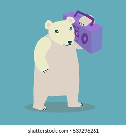 Colorful vector flat illustration of white polar bear holding a bright purple boom box on his shoulder. Turquoise background.