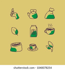 Colorful vector flat line icons set: tea leaves, mug, tea bag, a packet of tea and china kettle. Modern flat line style for banner, poster, web site, online shopping.
