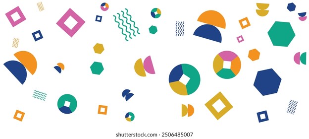 Anuncio de estilo memphis geométrico minimalista plano de Vector colorido. Para el fondo de la presentación, Anuncio, fondo, cartel, certificado, informe anual, cubierta