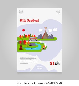 Colorful vector flat poster template. Wild festival. Fishing tourism in the wild.
Blank paper poster on grey wall sheet attached buttons.