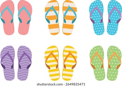 Colorful Vector Flip Flop Collection with Stripes, Polka Dots, and Star Patterns for Summer Beach Design and Vacation Illustration