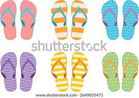 Colorful Vector Flip Flop Collection with Stripes, Polka Dots, and Star Patterns for Summer Beach Design and Vacation Illustration