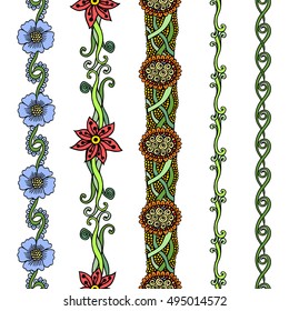 Colorful vector floral borders set. Doodle style illustration. Make beautiful frames and ribbons of seamless borders