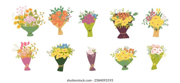 Colorful vector floral bouquet collection. Various cartoon romantic flowering plants for Mothers day, birthday. Springtime floral celebration, Floristic arrangements, elegant designs.