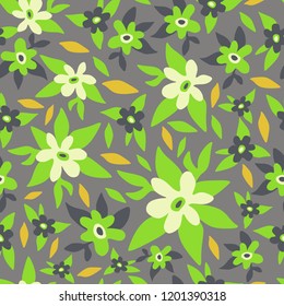 Colorful vector floral pattern in green, yellow and gray color. Simple seamless bright pattern. Perfectly for wrapping paper, bed linen, textile, fabric, cover, wallpaper, fashion, kids clothing.