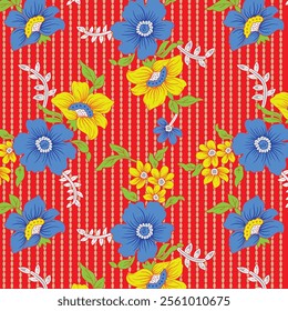 colorful vector floral pattern use flower leafs swirl outline shades blue, sky blue, red, yellow, green color design.