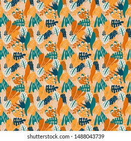 Colorful vector floral seamless pattern with abstract leaves and plants. Seamless textile design with bright colorful plants. Good for products for kids, covers, print on fabric, wallpaper and more