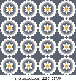 Colorful vector floral seamless repeating pattern with yellow daisies on gray background, perfect for stylish bridal shower or unique summer bedding.