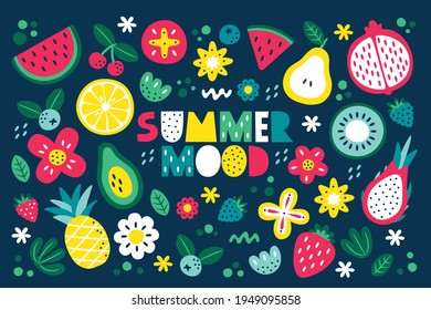 Colorful Vector Floral Summer Clipart With Fruits, Flowers, Berry, Lemon, Kiwi, Watermelon, Raspberry, Blackberry, Avocado, Dragon Fruit, Cherry, Pear, Garnet, Pineapple, Plants, Leaves