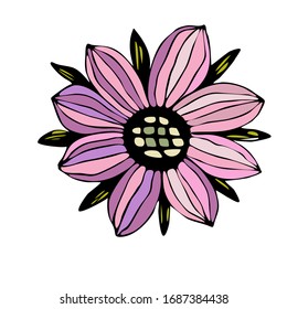 Colorful vector flower with black outline isolated on a white background based on a hand drawn doodle sketch 