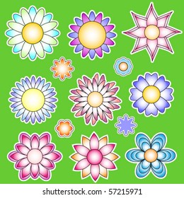 Colorful vector flower collection over green background