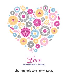Colorful vector flowers arranged in a shape of heart. Wildflowers vector wreath, Perfect for Valentine's Day cards, invitation, designs.