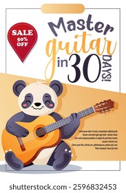 Colorful vector flyer featuring a smiling panda playing a guitar with the text Master Guitar in 30 Days. Includes a fifty percent discount sticker.Perfect for advertising music courses and lessons  
