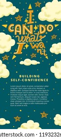 Colorful vector flyer template with words I Can Do What I Want in star shape, night sky and clouds. Hand-drawn lettering. Self-confidence concept. Sample text for editing. Web banner ad template.