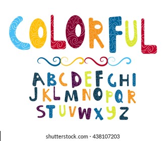 colorful vector font with doodles texture. all letters of the alphabet