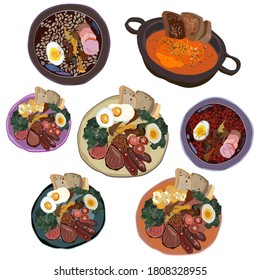 colorful vector food set with pumpkin soup, english breakfast and ramen
