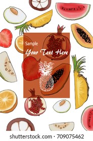 Colorful vector frame, hand drawn fruit for design, illustration, background and text.