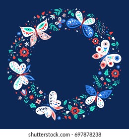 Colorful vector frame illustration with butterflies and flowers. Template for card, invitation, emblem.