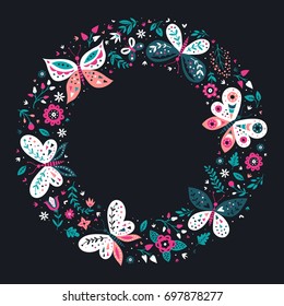 Colorful vector frame illustration with butterflies and flowers. Template for card, invitation, emblem.