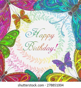 Colorful vector frame with ornamental butterflies. Summer background for your text.