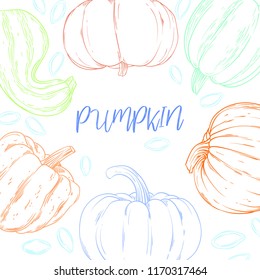 Colorful Vector frame Sketch Pumpkin. Doodle pumpkins. Hand drawn illustration.