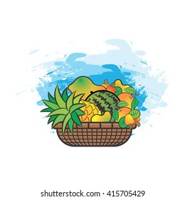 colorful vector fruit basket over blue paint strokes