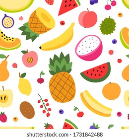 Colorful vector fruit pattern. Seamless background with different fruits and berries. Healthy eating seamless pattern
