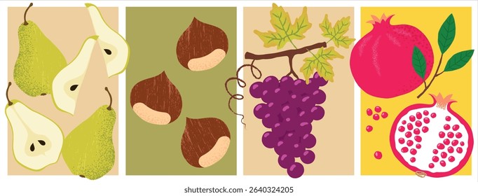 Colorful Vector Fruit Set – Pears, Chestnuts, Red Grapes, and Pomegranate Collection