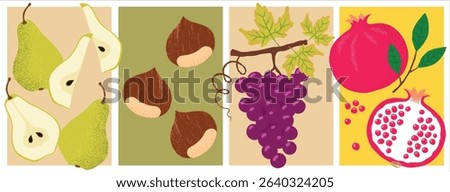 Colorful Vector Fruit Set – Pears, Chestnuts, Red Grapes, and Pomegranate Collection