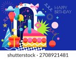 Colorful vector geometric illustration piece of cake with candle, gift box, air balloons, cone hat. Design elements for birthday greeting card, party invitation, holiday celebration decoration, banner