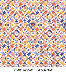 Colorful vector geometric seamless pattern. Abstract texture with triangles, squares, diamonds, kaleidoscope. Funky abstract ornament. Positive rainbow background. Repeat design for wallpaper, print