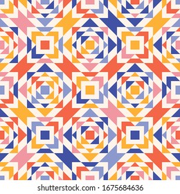 Colorful vector geometric seamless pattern. Simple abstract texture with triangles, squares, diamonds, kaleidoscope. Funky abstract ornament. Cute background. Repeat design for wallpaper, print, wrap