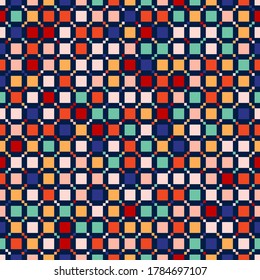 Colorful vector geometric seamless pattern with small squares. Pixel art. Cute funky childish texture. Simple abstract multicolor background. Modern repeat design for decor, textile, wrapping, web