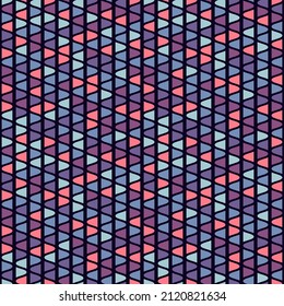 Farbiges, geometrisches, nahtloses Muster der Vektorgrafik. Stilvolle grafische Textur mit kleinen gewölbten Formen, gewellten Linien, Streifen. Abstrakter Mosaikhintergrund. Schwarz, Rosa, Blau und Violett. Wiederholbares Design