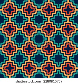 Colorful vector geometric seamless pattern with wavy shapes. Abstract background in dark blue, yellow, orange and green color. Stylish funky texture. Modern repeat design for decor, print, wrapping