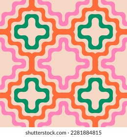 Colorful vector geometric seamless pattern with wavy shapes. Simple abstract background in pink, green, orange and beige color. Cute funky endless texture. Modern repeat design for decor, print, wrap