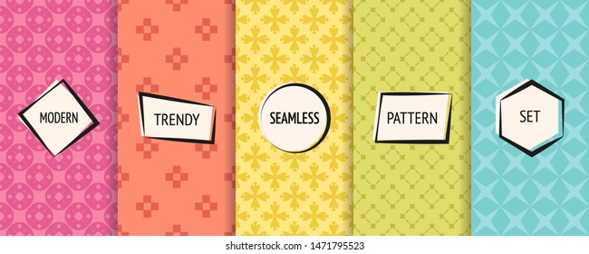 Colorful vector geometric seamless patterns collection. Set of simple background swatches with modern minimal labels. Abstract minimalist textures. Cute design. Pink, orange, yellow, blue, green color