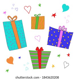 Colorful vector gift boxes set. Collection of presents isolated on white background. Doodle sketch illustration. Bright color wrapping paper. Concept for Holidays, Birthday, Christmas, New Year design