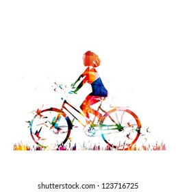 Colorful vector girl on a bike background with hummingbirds